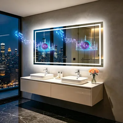 Immagine prodotto di Specchio da bagno a LED - Specchio da parete rettangolare 160x80 cm - Altoparlante Bluetooth - Intensità regolabile - Antiappannamento - Funzione di memoria - 3 tonalità di luce - Antisfondamento - Senza cornice