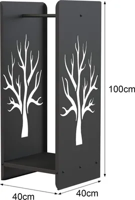 A black metal firewood rack with a tree silhouette design, shown with dimensions.