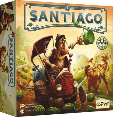 A board game box depicting a humorous scene of farming with a tractor and watermelons.