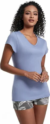Produktbild von Damen-Schlafanzug Baumwolle Kurzarm V-Ausschnitt XL Blau-Grau Shorts Set