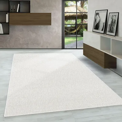 A modern living room with a large white rug in the foreground and a window overlooking a garden in the background.