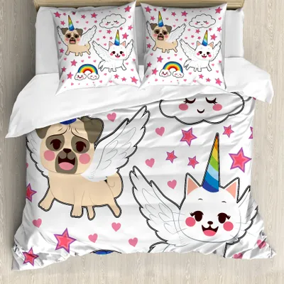 Produktbild von ABAKUHAUS Einhorn-Katze Bettbezug, Comic-Pop-Art Stil, Milbensicher Allergiker geeignet mit Kissenbezügen, 155 cm x 220 cm - 80 x 80 cm, Mehrfarbig