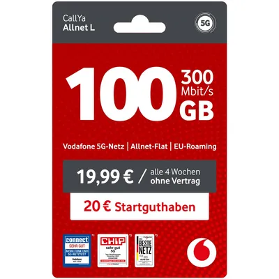 Produktbild von Vodafone Prepaid CallYa Allnet L | 100 GB | 20 EUR Guthaben | ohne Vertrag | 5G | Allnet Flat | EU-Roaming | weltweit nutzbar