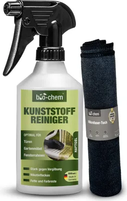 Produktbild von bio-chem Kunststoffreiniger 500 ml + Mikrofasertuch, PVC-Reiniger, Rauchgeruch-Entferner, Nikotin-Entferner, Kraftreiniger für Kunststoff-Fenster, Fenster-Rahmen, Heizkörper, Gartenmöbel, u.v.m.