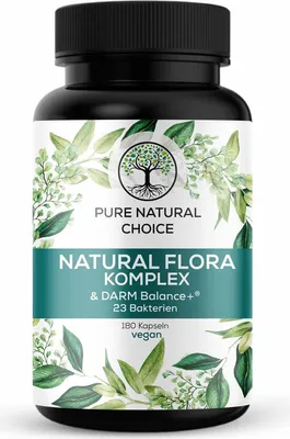 Produktbild von PURE NATURAL CHOICE | NATURAL FLORA KOMPLEX: Hochwirksame Probiotika mit 23 Bakterienstämmen und DARM Balance+®- 180 vegane Kapseln, Hergestellt in DE