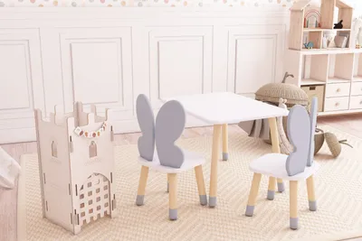 Produktbild von Dekormanda-Rechteckiger Tisch und Schmetterlingsstühle für Baby - weiß, hellgrau