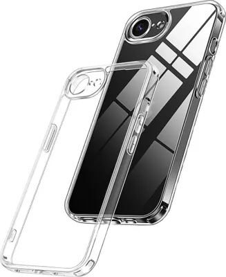 A clear phone case is shown next to a phone.