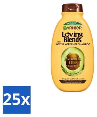 Imagen del producto de 25 champús Garnier Loving Blends, fórmula con aceite de aguacate y manteca de karité, para cabello seco y rizado, 300 ml. Pack de 25 unidades