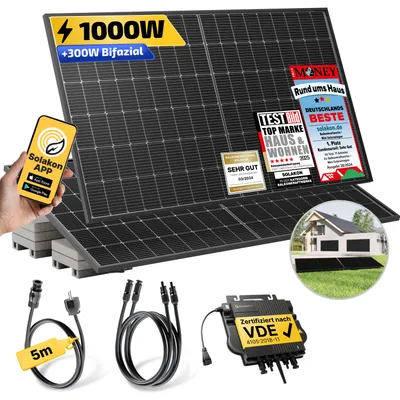 Produktbild von Balkonkraftwerk 1000W/800W Solaranlage mit Garten Halterung Steckerfertig Komplettset Photovoltaik Anlage 800W, Kabellänge: 5m, Solakon - onBasic