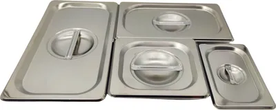 Several stainless steel food pans with lids are arranged on a white background.