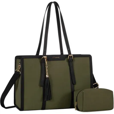 Produktbild von Lehrertasche Damen Laptop Handtasche Groß Tote Bag Canvas Shopper Schultertasche Aktentasche Arbeitstasche 15,6 Zoll Grün Schwarz
