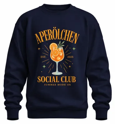 Immagine prodotto di Aperölchen Social Club, collezione estiva. Felpa con cappuccio, ideale per un aperitivo tra amiche. Modello "Spritz", colore blu navy, taglia 3XL