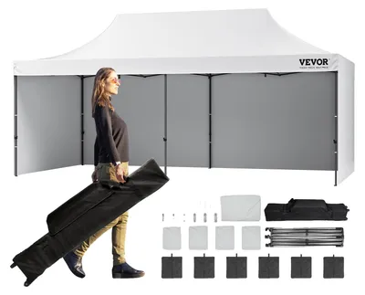 Image de VEVOR Pavillon 304,8x609,6x320cm Tente de jardin 500DPolyuréthanetissu argenté Pavillon pliable réglable en hauteur avec sac de rangement Tente de réception 12-16 personnes Pop up Tente Pavillon de jardin pour sortie camping