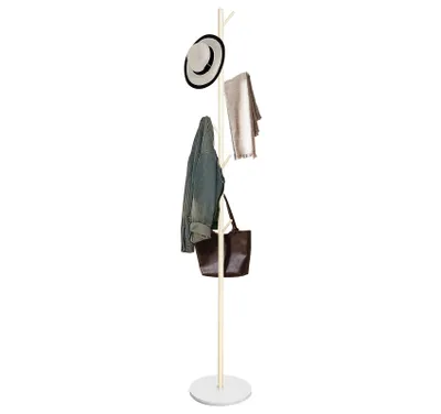Produktbild von Garderobenständer Weiß 180cm, Kleiderständer Metall, mit 7 Haken, Jackenständer Stehend Stabil, Sockel aus Marmor, Höhenverstellbar, für Mäntel Jacken