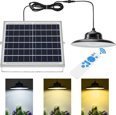 A solar panel, a pendant light, and a remote control are displayed against a white background, with three smaller images showing the light in different color temperatures.