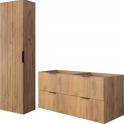 Produktbild von Rodan Badmöbel-Set, Braun Matt / Craft Eiche, 120/57/46 cm & 35/136/27 cm, hängend, modern, mit Waschbeckenunterschrank und Hochschrank, geriffelten Fronten, geräuschlosem Schließsystem, aus Laminat, MDF, HDF, Kunststoff