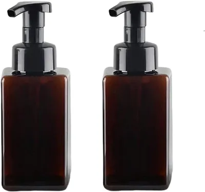 Image de Distributeur de savon mousse, lot de 2, couleur marron, capacité de 450 ml, forme carrée, pour cuisine et salle de bain