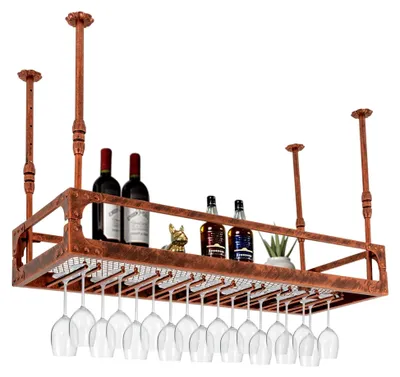 Produktbild von Hängendes Weinregal aus Metall, 100x35cm mit Glashalter, Höhenverstellbar für Bars, Restaurants und Küchen (Bronze)
