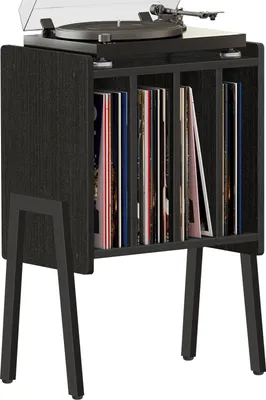 A black vinyl record storage cabinet with a turntable on top, shown against a white background.