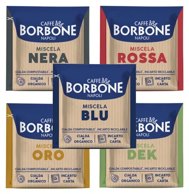 Produktbild von Caffè Borbone E.S.E. Pads 44mm 5er Probierset – 250 Stück (5x50) – Oro, Blu, Nera, Rossa & DEK – Italienischer Espresso Mix, 100% Kompostierbar
