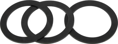 Three black rubber gaskets are arranged in a chain-like formation against a white background.