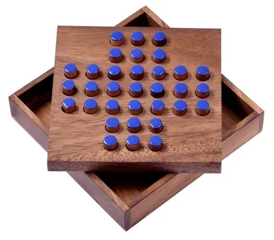 Produktbild von Solitär Gr. L mit blauen Steckern – Solitaire – Denkspiel aus Holz für 1 Person