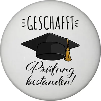 Produktbild von Doktorhut Magnet rund mit Spruch Geschafft Prüfung bestanden
