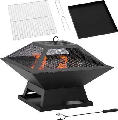 Produktbild von Feuerschale 45 x 45 x 34cm aus Edelstahl Feuerstelle mit Funkenschutz Schürhaken Feuerschalen Feuerkorb für Garten, Balkon, BBQ Camping Schwarz