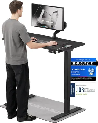 Produktbild von DESKSPACE PRO Plus Elektrisch Höhenverstellbarer Schreibtisch, 120x60 cm Stehpult mit Memory-Funktion, Schwarze Tischplatte, Schwarzes Gestell