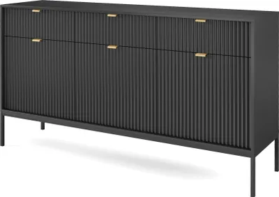 Produktbild von Sideboard 150 cm Visanna – Dreitürige Kommode mit Schubladen, geriffelten Fronten & schwarzen Griffen (Schwarz + Schwarz)