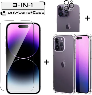 A collage of an iPhone 14 Pro screen protector and phone case.