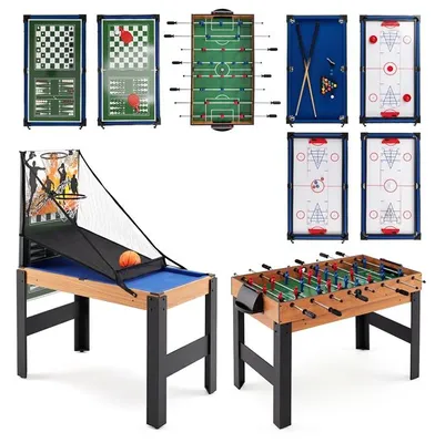 Zdjęcie produktu dla KOMFOTTEU Stół wielofunkcyjny 14 w 1, idealny dla dzieci i dorosłych | Zawiera: piłkarzyki, bilard, hokej stołowy, pingpong, shuffleboard, koszykówkę, bowling, szachy, warcaby, rzutki oraz poker