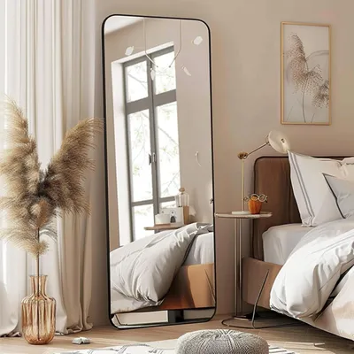 Productafbeelding van Spiegel, staand of hangend, 160 x 53 cm, aluminium frame, zwart, rechthoekig met afgeronde hoeken