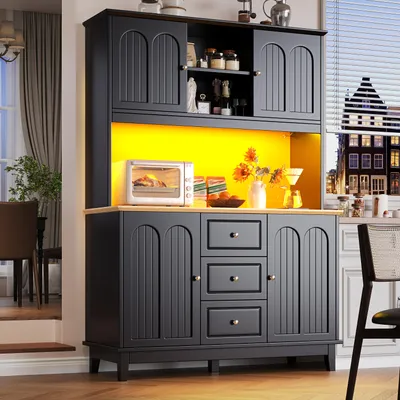 Produktbild von Hochschrank 120 x 40 x 180 cm mit LED-Beleuchtung, App-Steuerung, 4 Türen, 3 Schubladen, verstellbaren Ablagen, USB-Anschluss und Kippschutz, Holzoptik
