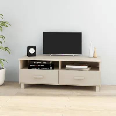 Productafbeelding van TV-meubel "Postfeld" gemaakt van massief grenenhout en MDF, afgewerkt in honingbruin. Afmetingen (breedte/hoogte/diepte): 106x40x40 cm