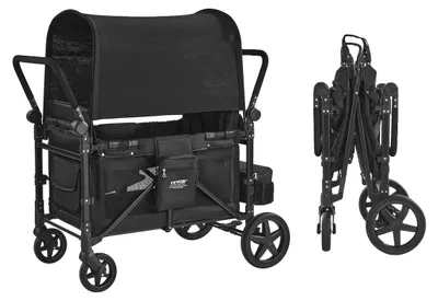 Produktbild von VEVOR Wagen Kinderwagen für 2 Kinder, Schiebe- und Ziehwagen, zusammenklappbarer Kinderwagen mit verstellbarem Griff, umschließendes Geschirr, abnehmbare Sonnenblende, 4 Räder mit Bremsen, multifunktionaler Tandem-Kinderwagen für Camping, Dunkelpurpur, Schwarz-b, Schieben 4 Personen-a