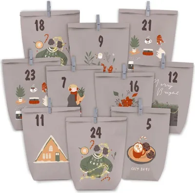 Produktbild von Adventskalender zum Basteln, 24 Grau Lila Papiertüten, Weihnachtsmotiv, Zahlen, Holzklammern