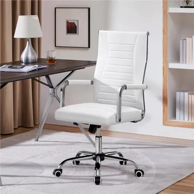 A white office chair is shown in a home office setting.
