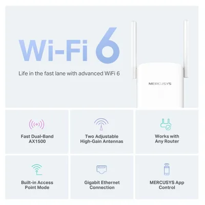 Produktbild von Mercusys AX1500 Wi-Fi 6 Range Extender, Netzwerk-Repeater, 1000 Mbit/s, 10,100,1000 Mbit/s, 10/100/1000Base-T(X), IEEE 802.11a, IEEE 802.11ac, IEEE 802.11ax, IEEE 802.11b, IEEE 802.11g, IEEE 802.11n, 802.11a, 802.11b, 802.11g, Wi-Fi 4 (802.11n), Wi-Fi 5 (802.11ac), Wi-Fi 6 (802.11ax)