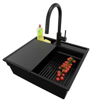Produktbild von PRIMAGRAN Granitspüle Alles Schwarz 58x53cm, Spülbecken 1 Becken + Ablauf-Set + Küchenzubehörset, Küchenspüle ab 60er Unterschrank - Oslo Pocket