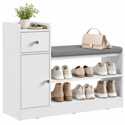 Produktbild von HOMCOM Schuhbank mit Sitzkissen und Schublade 90 x 29,8 x 67,8 cm Weiß
