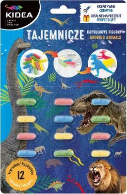 Packaging for a toy set featuring dinosaur and lion figures that grow from capsules.