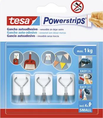 Obrázek produktu pro TESA Powerstrips, Vnitřní, Univerzální háček, Ocel, Bílá, Kov, Polystyren, Lepicí páska, 1 kg