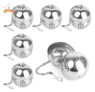 Produktbild von 6 Stück Tee-Eier aus Edelstahl, Gewürz-Eier aus Edelstahl, Tee-Eier mit Kette, Teesiebe mit Haken für Tee und Gewürze und Würzmittel