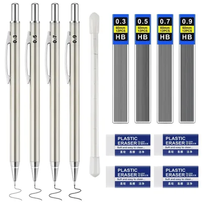 Obrázek produktu pro Sada kovových mechanických tužek, 4 kusy, s hroty 0,3/0,5/0,7/0,9 mm, včetně 48 náhradních tuh HB a gumy
