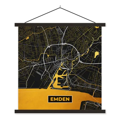 Produktbild von MuchoWow® Textilposter Schwarz und Gold - Stadtplan - Emden - Deutschland - Karte 120x120 cm mit schwarzem Rahmen - Aufhängungsset