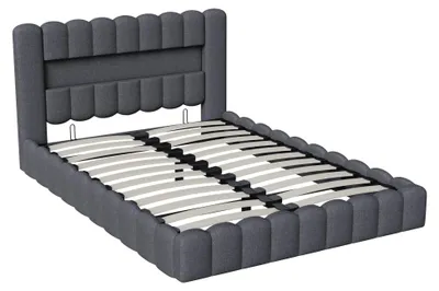 Obrázok produktu pre Postel s čalúnením - dvojlôžko 180x200 cm - zásuvka pod posteľ s úložným priestorom - LED osvetlenie - USB port - čalúnená hlavica s úložným priestorom - poťah z ľanu - sivá farba