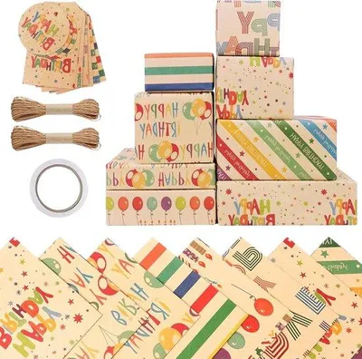 Produktbild von Ein Geschenkset für Kinder - 8 Stück Naturkraftpapier inklusive Bändern und Klebstoff für Geburtstage - Perfekt für Mädchen und Jungen