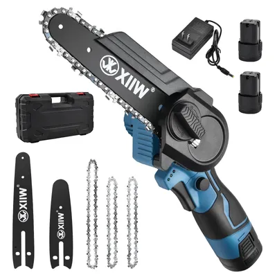 A cordless mini chainsaw kit with accessories, batteries, and charger, laid out on a white background.