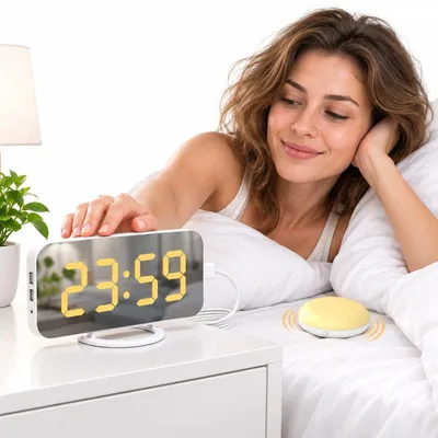 Produktbild von Digitaler Spiegelwecker mit Vibrationsalarm, LED Uhr mit Snooze und Nachtlicht, 2 USB Ausgänge, 3 Helligkeitsstufen, Speicherfunktion